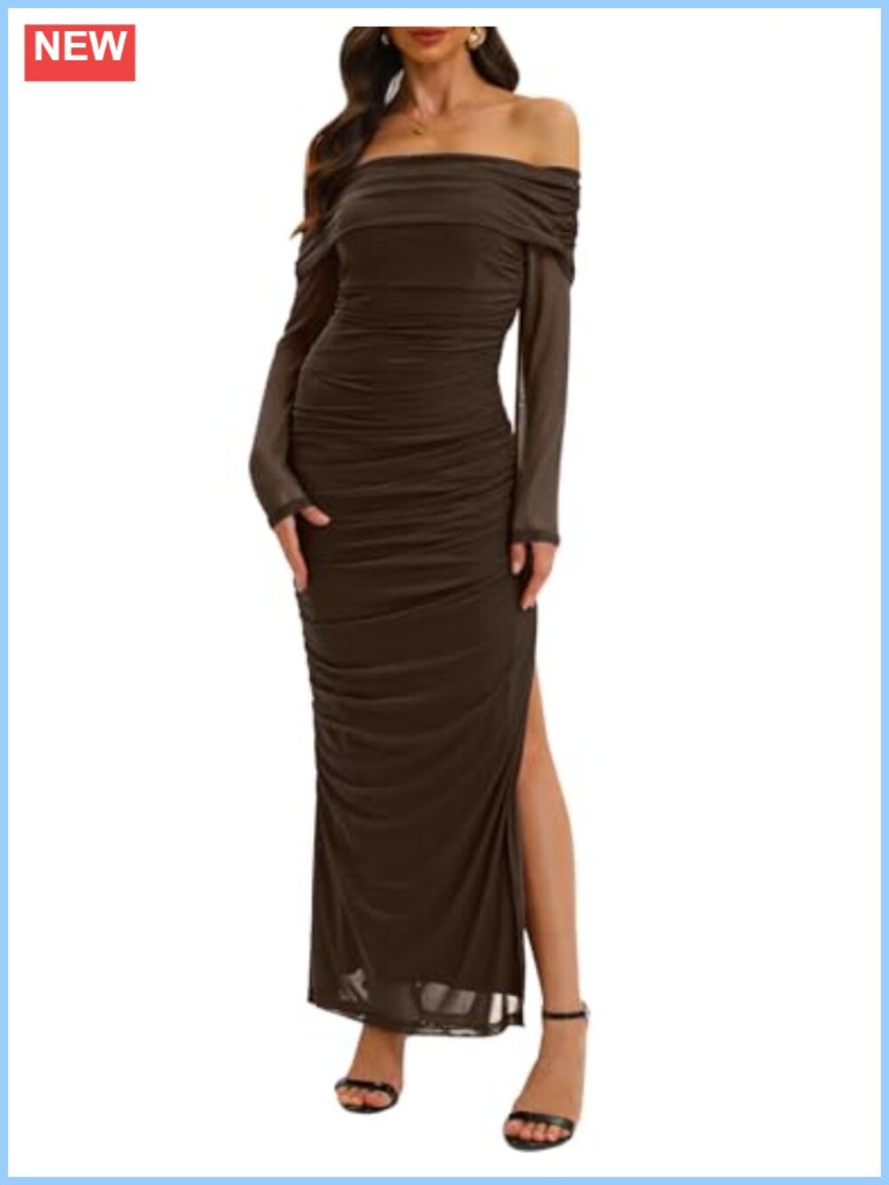 Women Off Shoulder Long Sleeve Bodycon Mesh Ruched High Split Maxi Dress